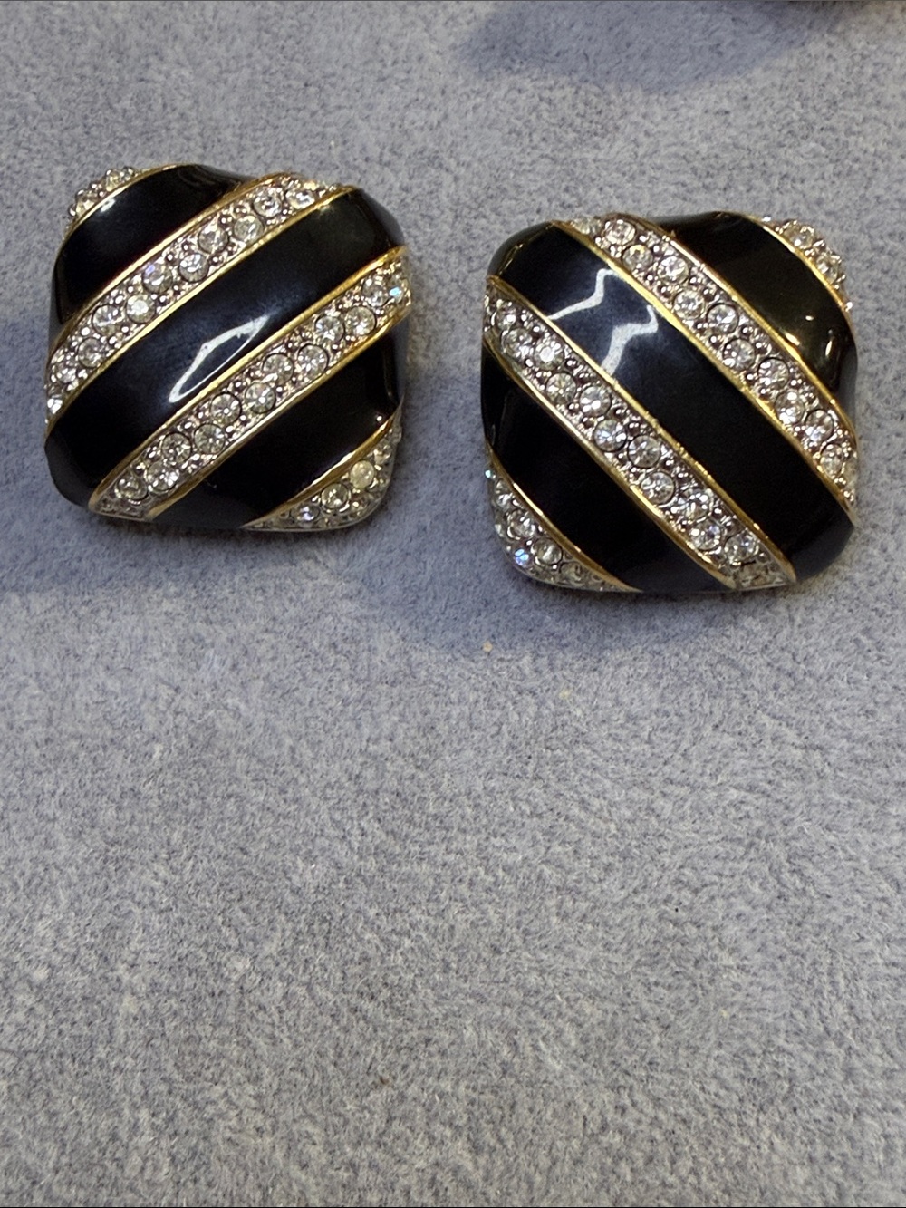 Swarovski clip on Black and Gold Enamel Clip Earrings with Clear Crystals